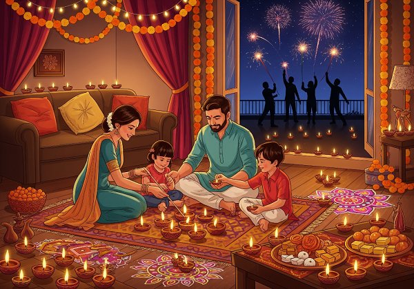 A family celebrating Diwali and a group of people enjoy fireworks under a night sky
