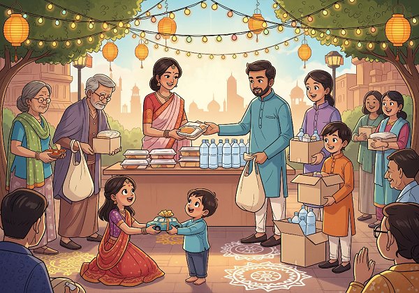 A family celebrating Diwali by giving back to the community