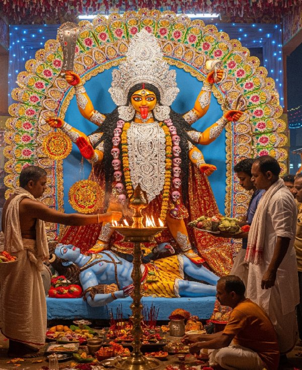 A detailed image of a Kali Puja celebration in Kolkata, India
