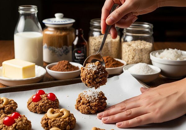 Recipes for Diwali - no-bake cookies topped with cashews, cherries, and coconut onto a tray