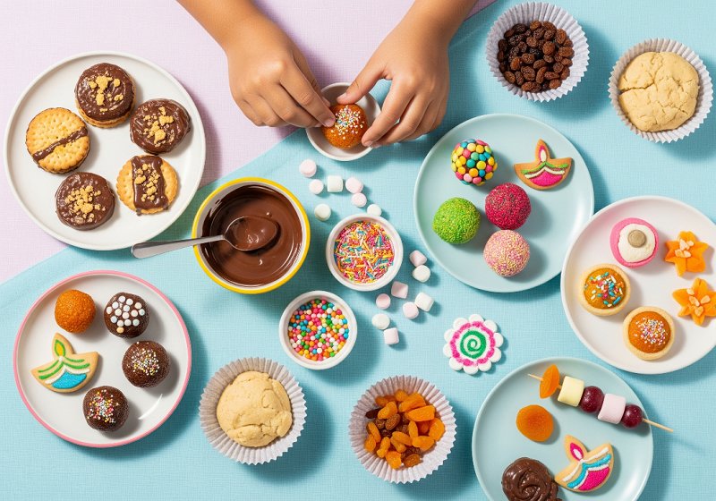 Colorful Diwali sweets and snacks recipes on various plates with sprinkles, chocolate, and dry fruits