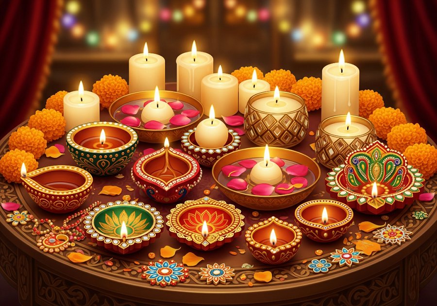 A variety of elegant earthen diyas and candles are arranged on a decorative table
