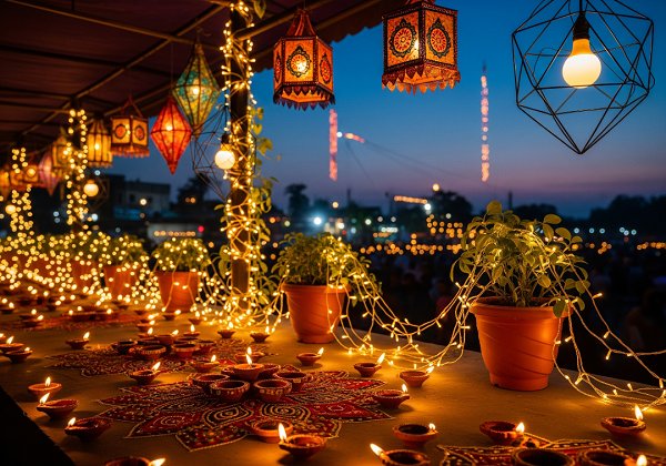 A vibrant rangoli pattern made with colored powders and flower petals, surrounded by lit clay diyas
