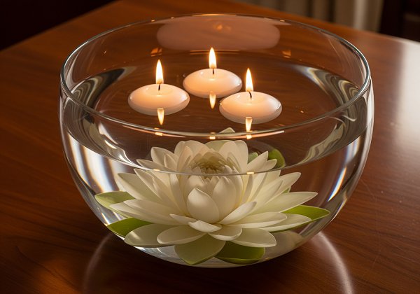 Three small, round, white floating candles with lit wicks are arranged on the surface