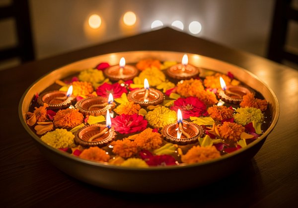A bowl filled with water, floating lit clay diyas, and vibrant fresh marigold and rose petals