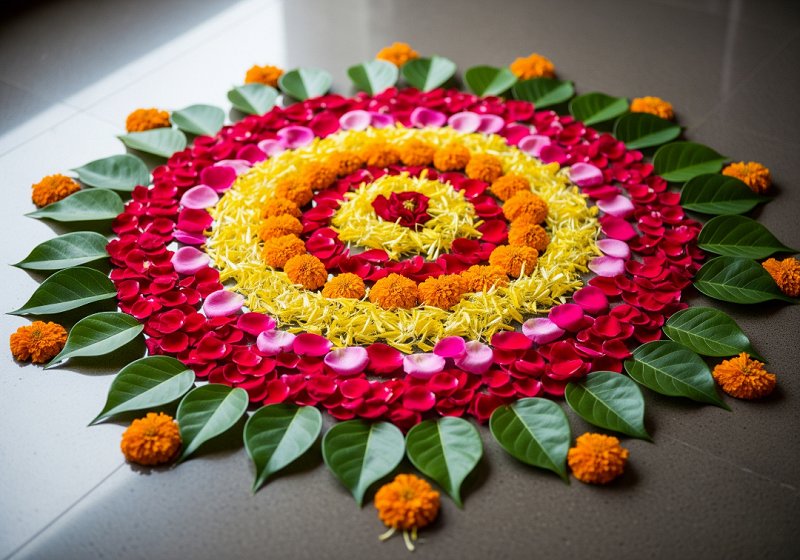 A beautiful rangoli made from a mix of fresh flower petals, including orange and yellow marigolds, and red and pink roses