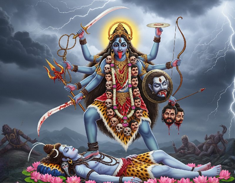 History of Diwali - Goddess Kali wielding weapons and severed heads, standing over the calm, recumbent figure of Lord Shiva