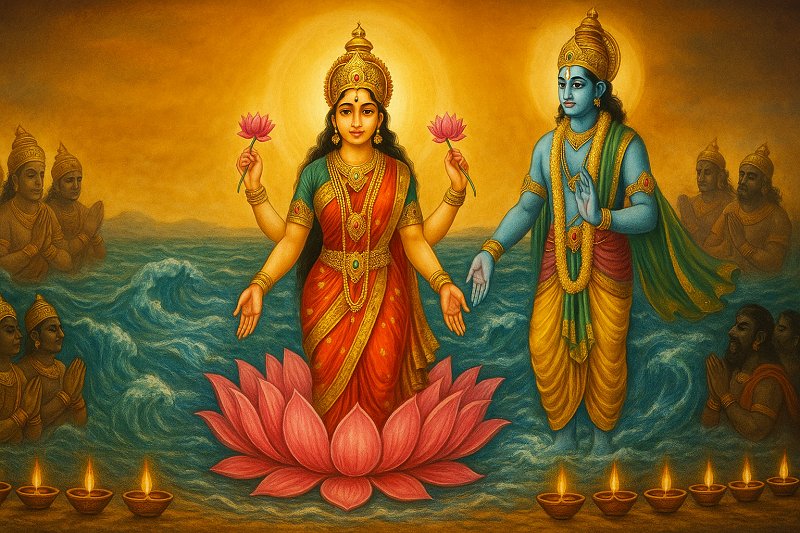 History of Diwali - Goddess Lakshmi rising from a churning milky ocean, surrounded by gods and demons pulling on a serpent. Lord Vishnu is standing beside her.