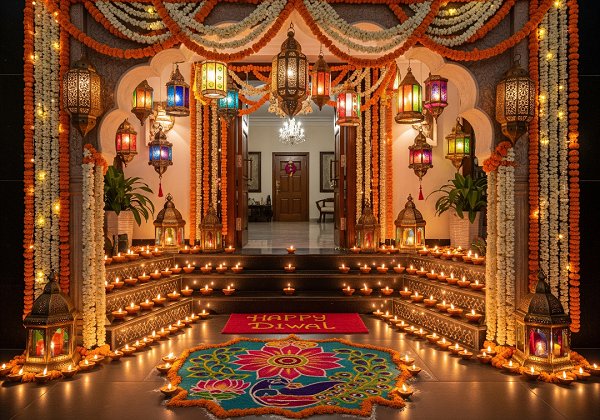 A majestic entryway decorated for Diwali with a vibrant rangoli on the floor, a long row of lit diyas on the steps