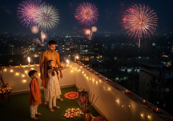 Children using fireworks safely under adult supervision during Diwali
