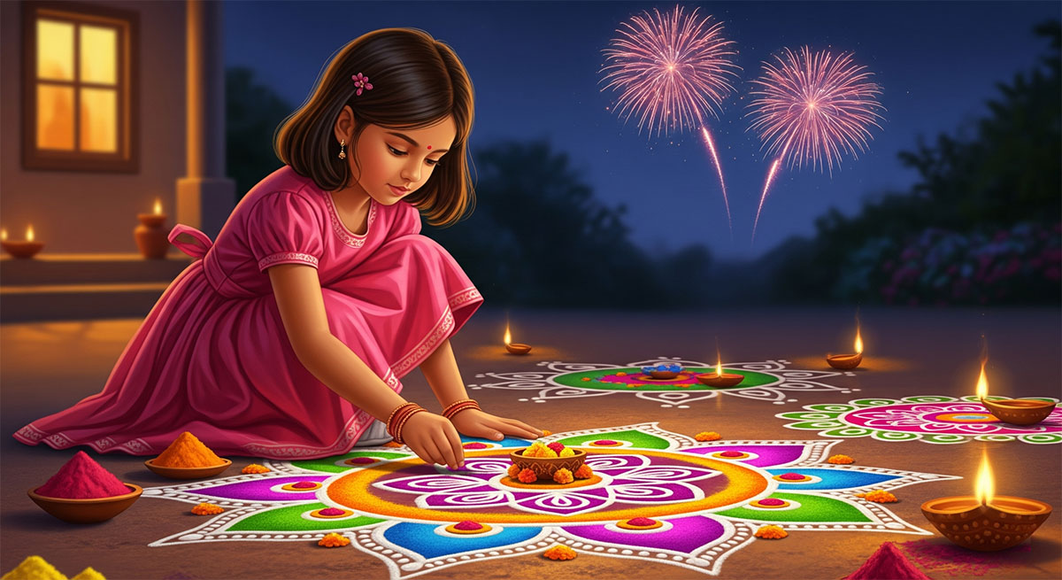 Diwali celebration scene with a little girl decorating a vibrant rangoli pattern