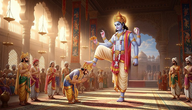 History of Diwali - Lord Vishnu's Vamana Avataar in his towering form, placing his right foot on the head of the bowing King Mahabali