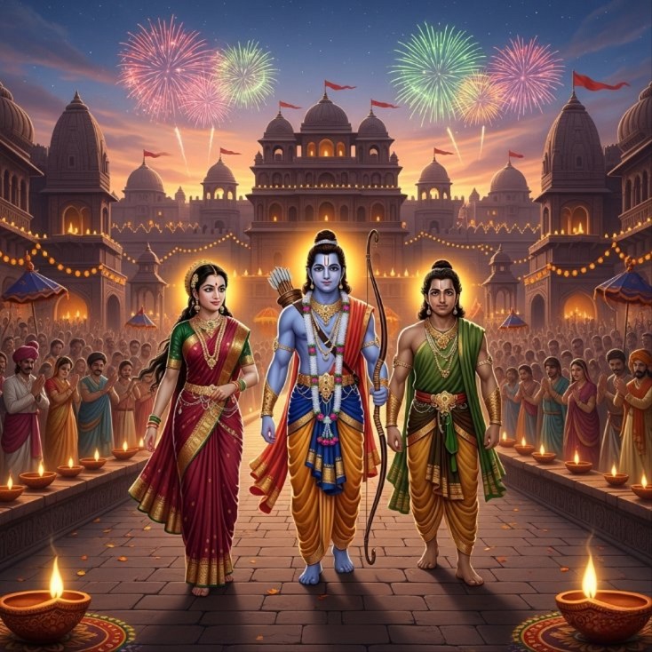 Diwali is celebrated in Ayodhya as Lord Rama, Sita and Lakshmana return
