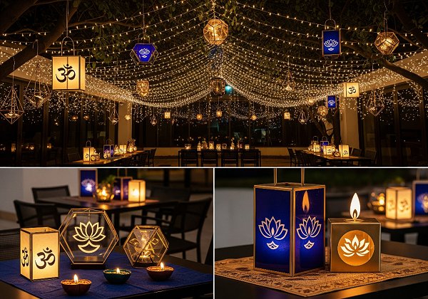 An outdoor patio decorated for Diwali with a canopy of warm fairy lights, and modern, geometric-shaped lanterns