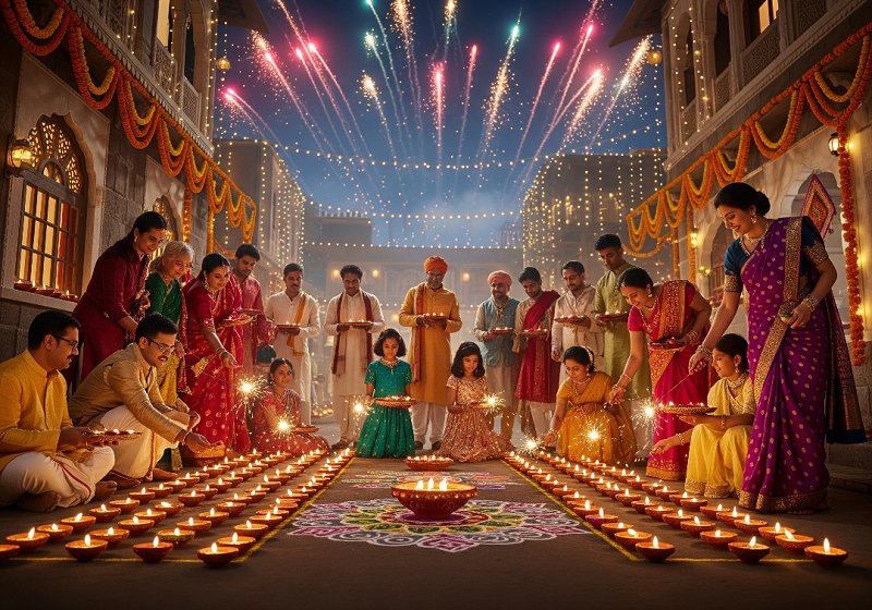 A large group of people, spanning multiple generations, celebrating Diwali