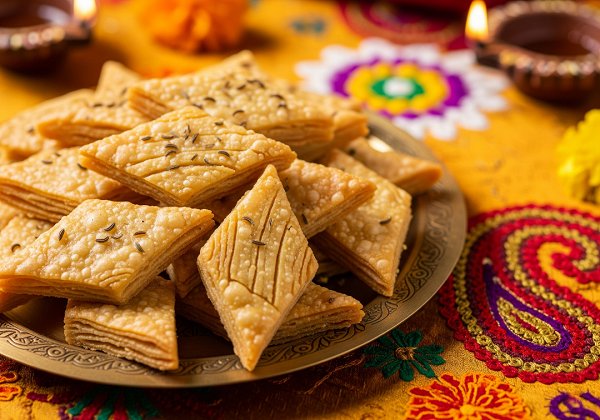 Diwali Snack Recipe of Crispy diamond-shaped namak para, served on a traditional embroidered cloth with Diwali diyas and rangoli in the background