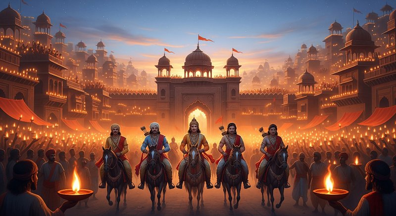 History of Diwali - Pandavas on horseback, entering the brightly lit city of Hastinapura. The city is adorned with numerous diyas