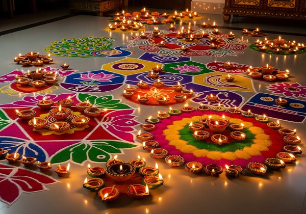 Multiple vibrant rangoli designs on a floor, with numerous lit clay diyas placed strategically within and around the patterns