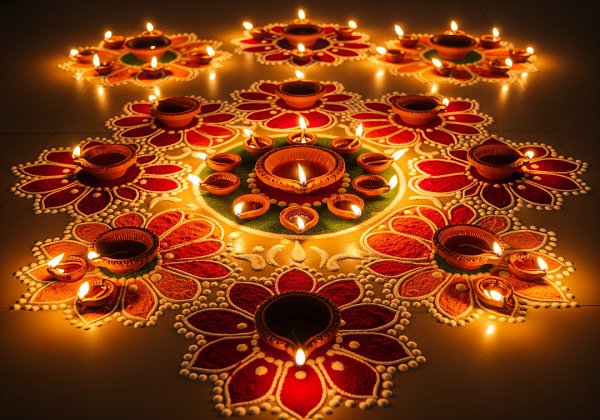 A rangoli pattern on a floor, created with a vibrant arrangement of lit earthen diyas and colored powders