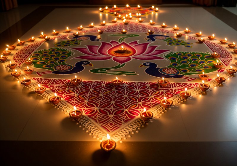 A vibrant Diwali rangoli decorated with lit diyas