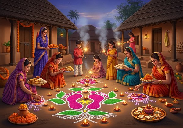 Diwali celebration in a rural Indian village. Families are gathered around colorful Rangoli designs featuring footprints of Goddess Lakshmi