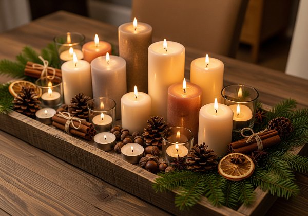 A rustic wooden tray filled with an assortment of lit pillar candles, votives, and tea lights