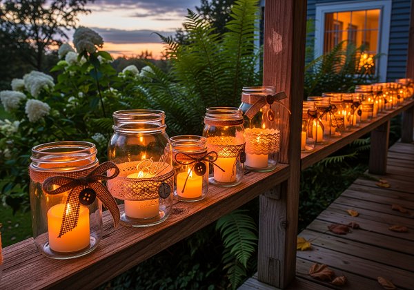 A row of illuminated mason jar lanterns decorated on a wooden porch railing