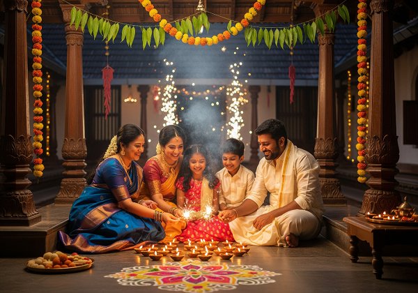 A family of five in South Indian traditional clothing sits on the floor of a traditionally decorated home, joyfully lighting sparklers