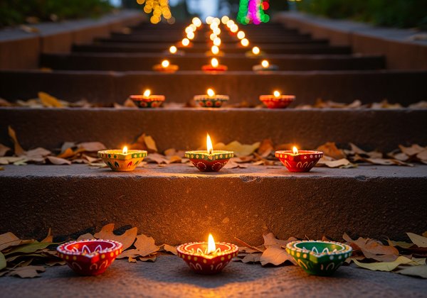 A staircase with a lit clay diya on each step, creating a glowing path upwards