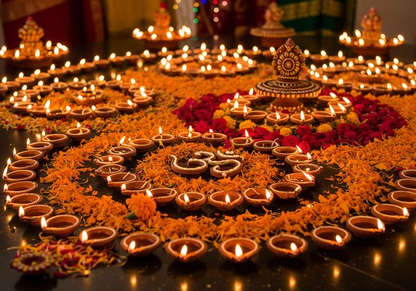 An intricate rangoli design made from vibrant orange and red marigold petals and surrounded by dozens of lit diyas