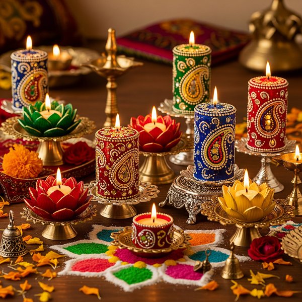 Beautifully decorated candles and traditional diyas