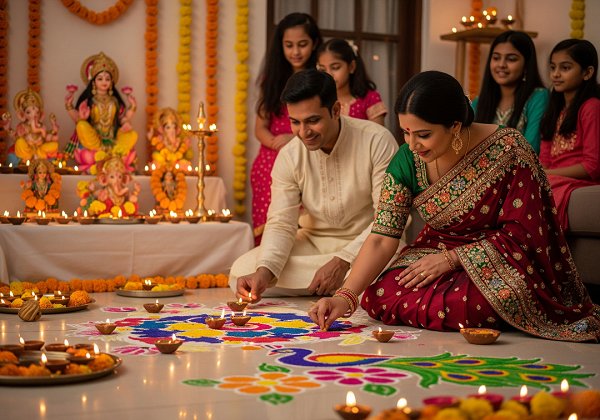 A family of Estern India in traditional attire celebrating Diwali