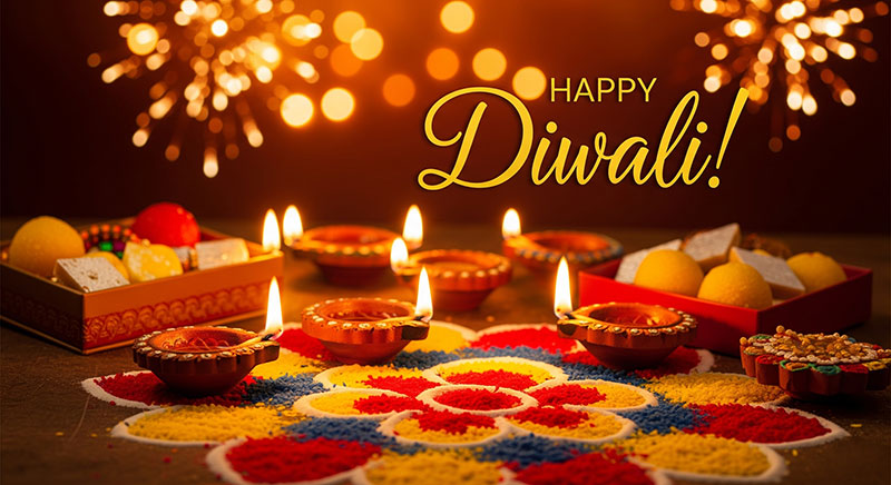 Happy Diwali printable cards with rangoli, diyas, and sweets