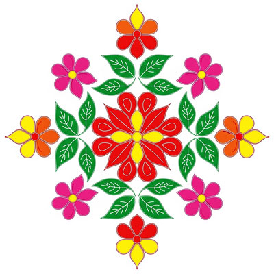 Diwali floral rangoli, colorful flowers, festive pattern