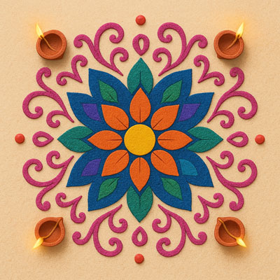 Diwali rangoli, floral swirls, diyas, festive art