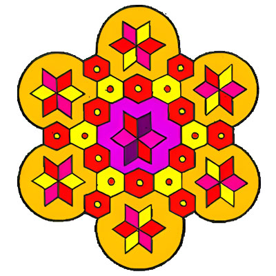 A colorful, geometric rangoli design with stars and hexagons.