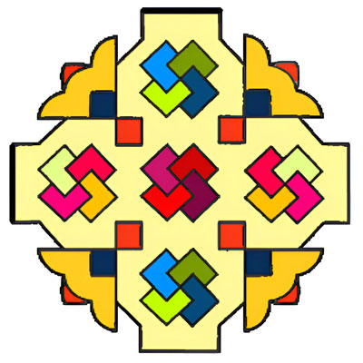 Transparent geometric rangoli, colorful swirls, abstract design.