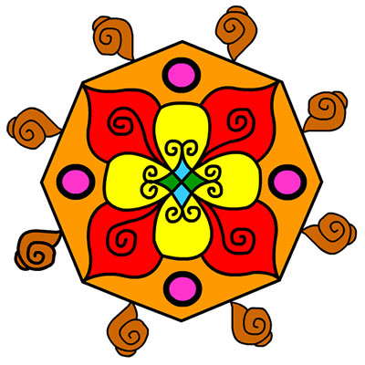 Transparent Diwali rangoli, hexagonal pattern, floral swirls.