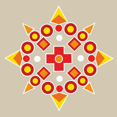 A simple, geometric Diwali rangoli design with circles, squares, and triangles in orange, red, and yellow.