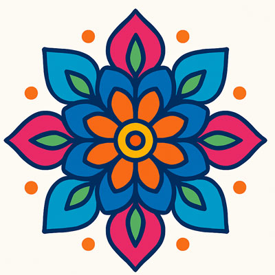 Transparent Diwali rangoli, stylized flower, colorful design
