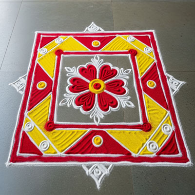 Diwali Square rangoli, floral motif, traditional art