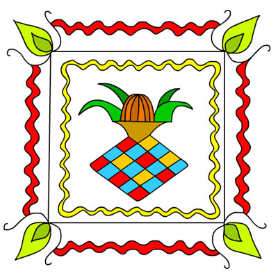 Diwali rangoli, traditional pot, leaves pattern