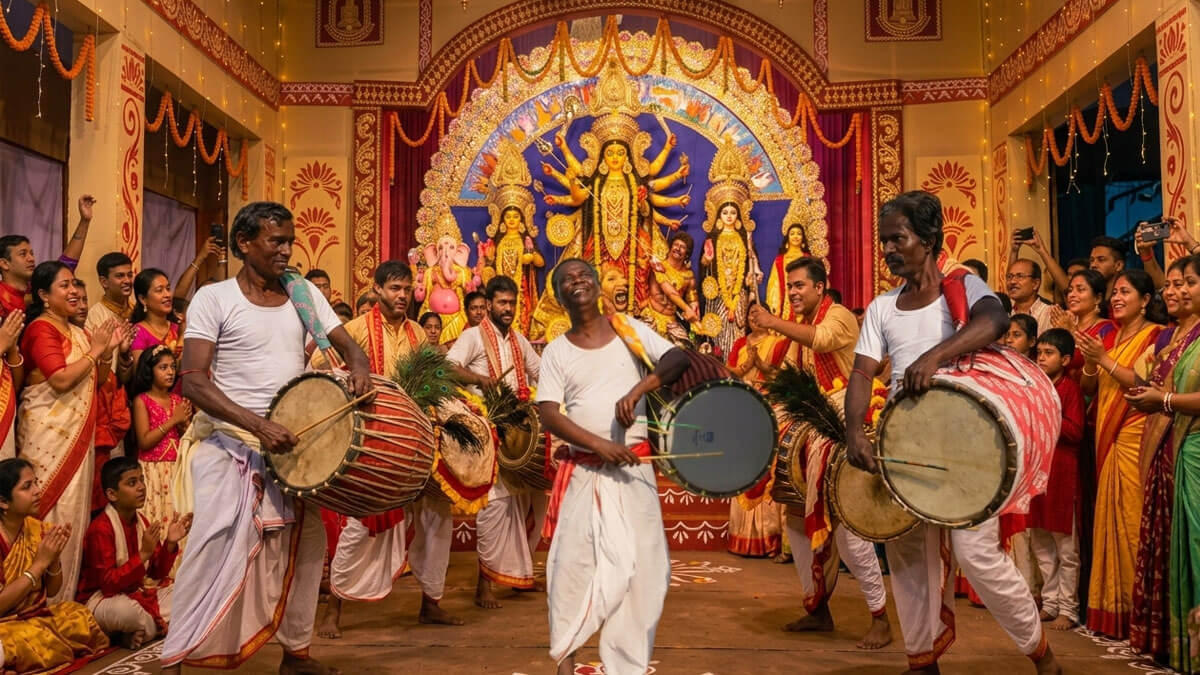 Dhakis playing the dhak at a Durga Puja pandal