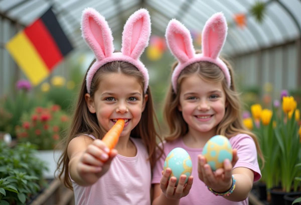 Two children hold colorful eggs in a greenhouse in Belgium, celebrating Easter