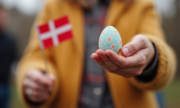 A Danish person celebrating Easter with the flag of Denmark and decorated egg