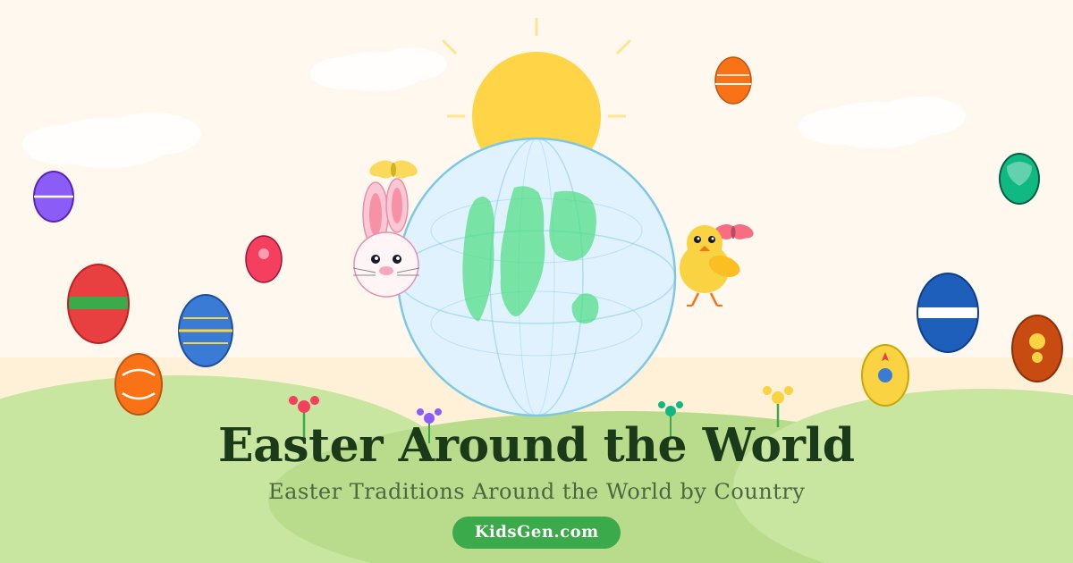 A cheerful vector scene illustrating Easter around the world, with a central globe, an Easter bunny, and a chick