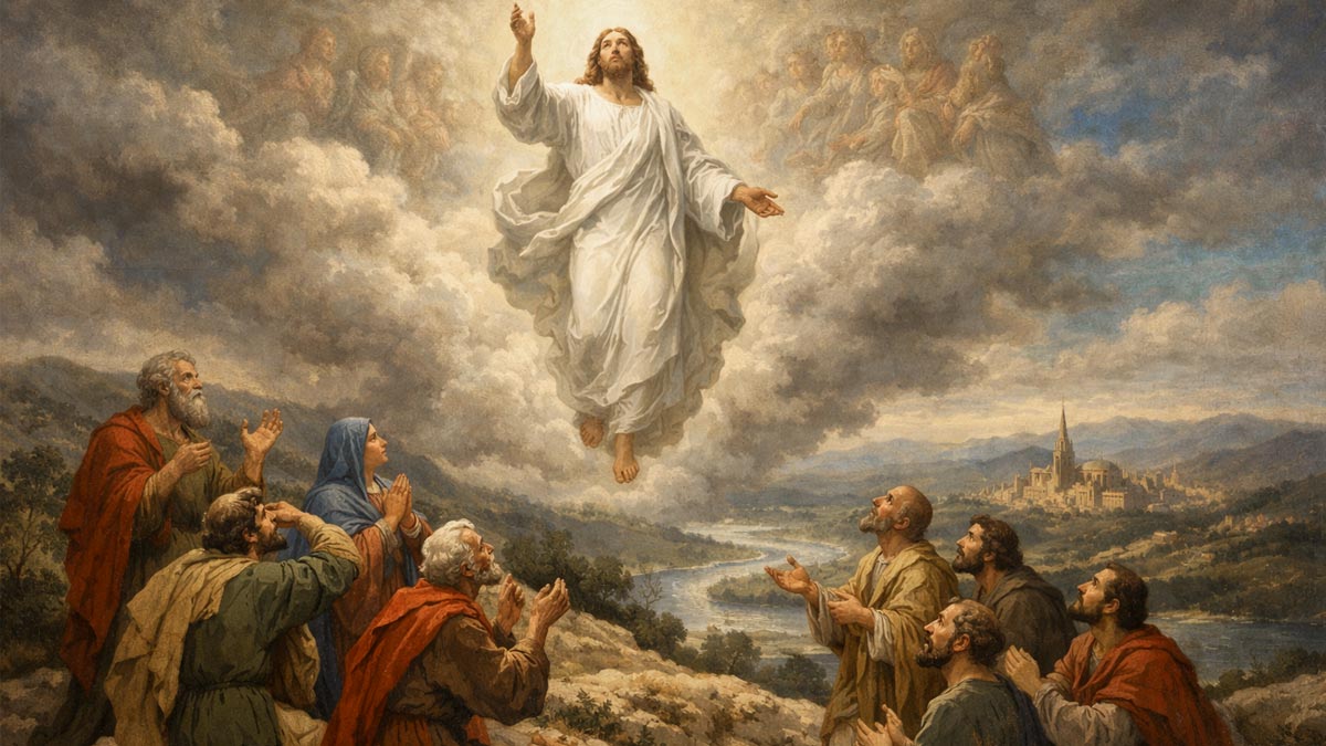 Christian art showing the Ascension of Jesus with apostles and heavenly light – religious facts image