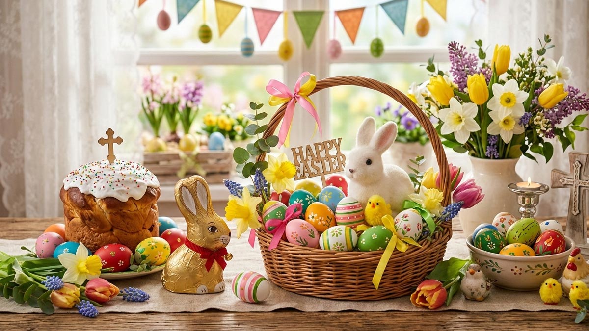 A collection of Easter symbols including painted eggs, fresh spring flowers, and a chocolate bunny on a rustic table.