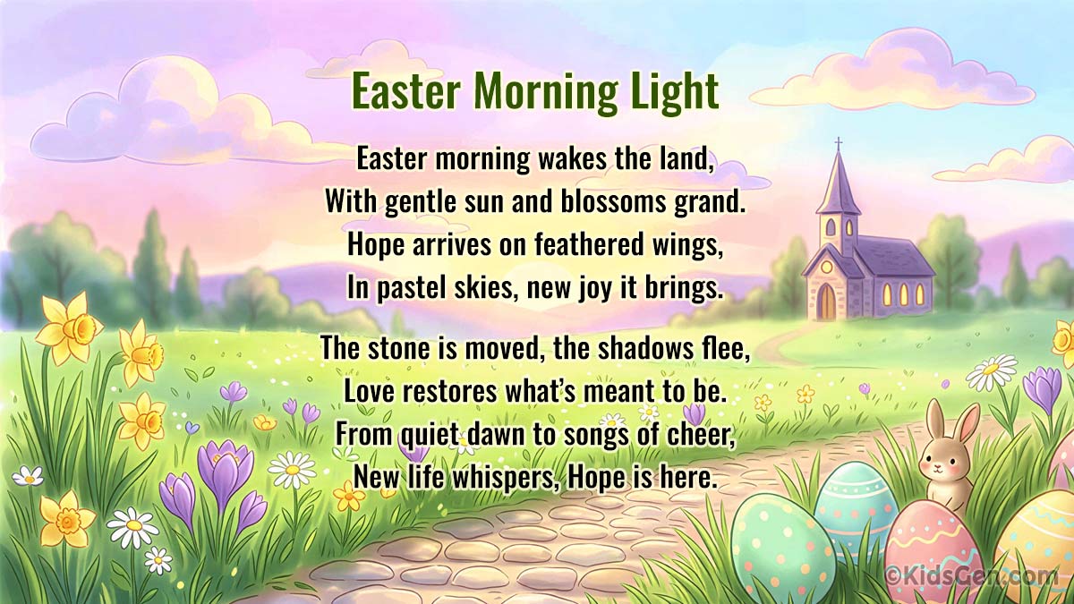 An illustrated poem titled "Easter Morning Light" set against a spring landscape with a church, flowers, and Easter eggs.