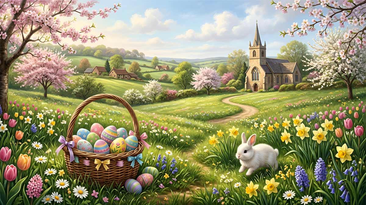 A serene HD wallpaper capturing a festive Easter meadow filled with a white bunny, colorful eggs, and a quaint church in the distance.
